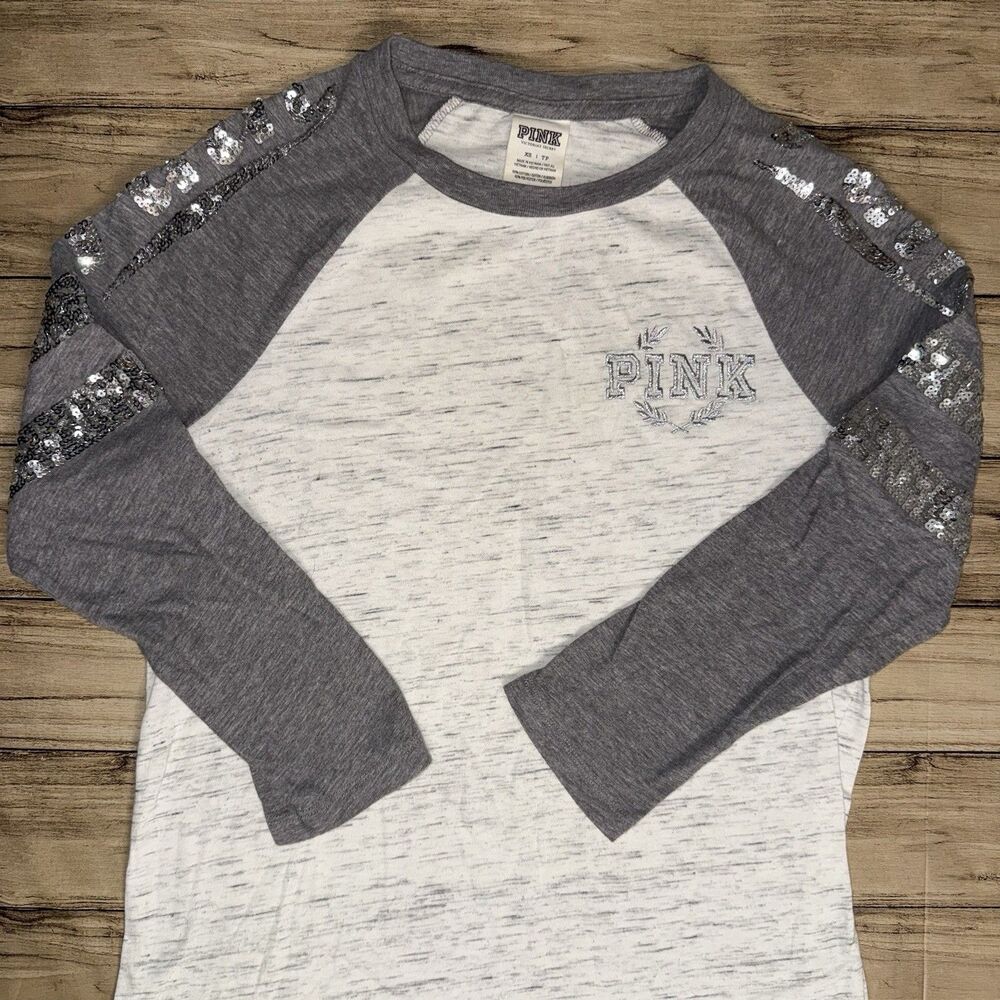 Victoria's Secret PINK Shirt Small Sequins Bling Logo Baseball Raglan Sleeves XS